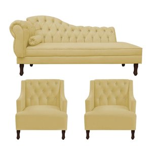Kit Divã Cancun 185cm Braço Direito + 2 Poltronas Genesis com Strass Suede: Amarelo