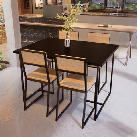 Conjunto Mesa de Jantar Retangular Preta 4 Cadeiras Pinus Riviera Industrial Preto Don Castro Decor 
