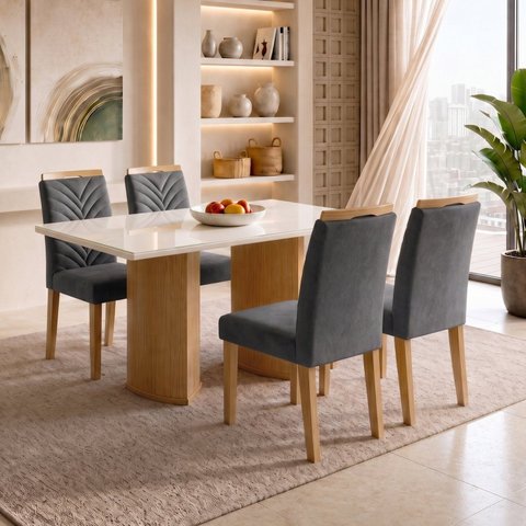Conjunto Sala de Jantar 4 Lugares Retangular Tampo Vidro MDF 120x80cm Mesa Isla e Cadeiras Carol