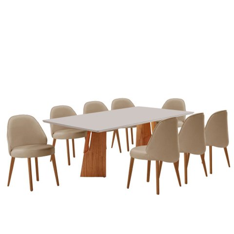 Sala de Jantar Mesa Florida 220cm Tampo Laqueado com Vidro e 8 Cadeiras Suiça
