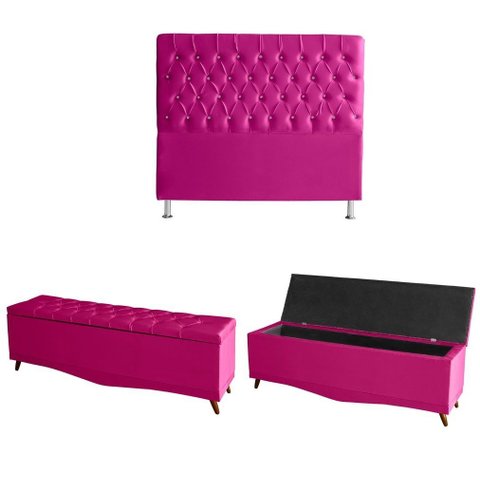 Kit Estrela Cabeceira de Cama Box e Calçadeira Baú Pés Palito Botão Cristal King 195 Cm Suede Rosa P