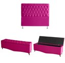 Ver imagem 1 de Kit Estrela Cabeceira de Cama Box e Calçadeira Baú Pés Palito Botão Cristal King 195 Cm Suede Rosa P