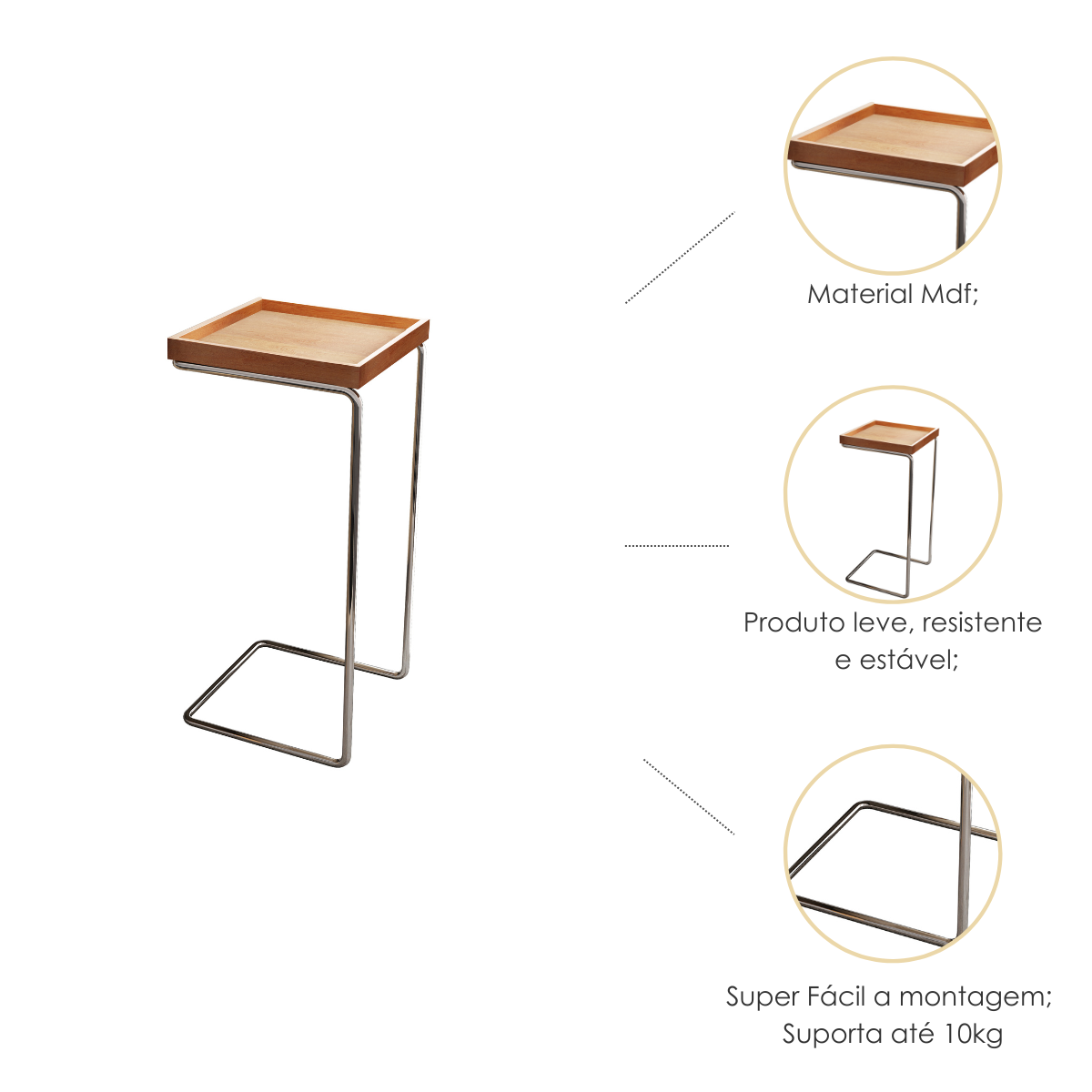 Mesa de Canto Sofá Base Prata Anny Apoio Lateral 68cm Tampo Mel - 2