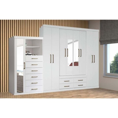 Quarto Completo Casal Guarda Roupa 8 Ptas Nápoles + Cômoda Marabá Branco S. Andirá