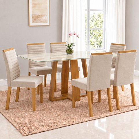 Conjunto Sala de Jantar Mesa Lisa 160cm Tampo MDF Vidro Canto Reto e 6 Cadeiras Tainá