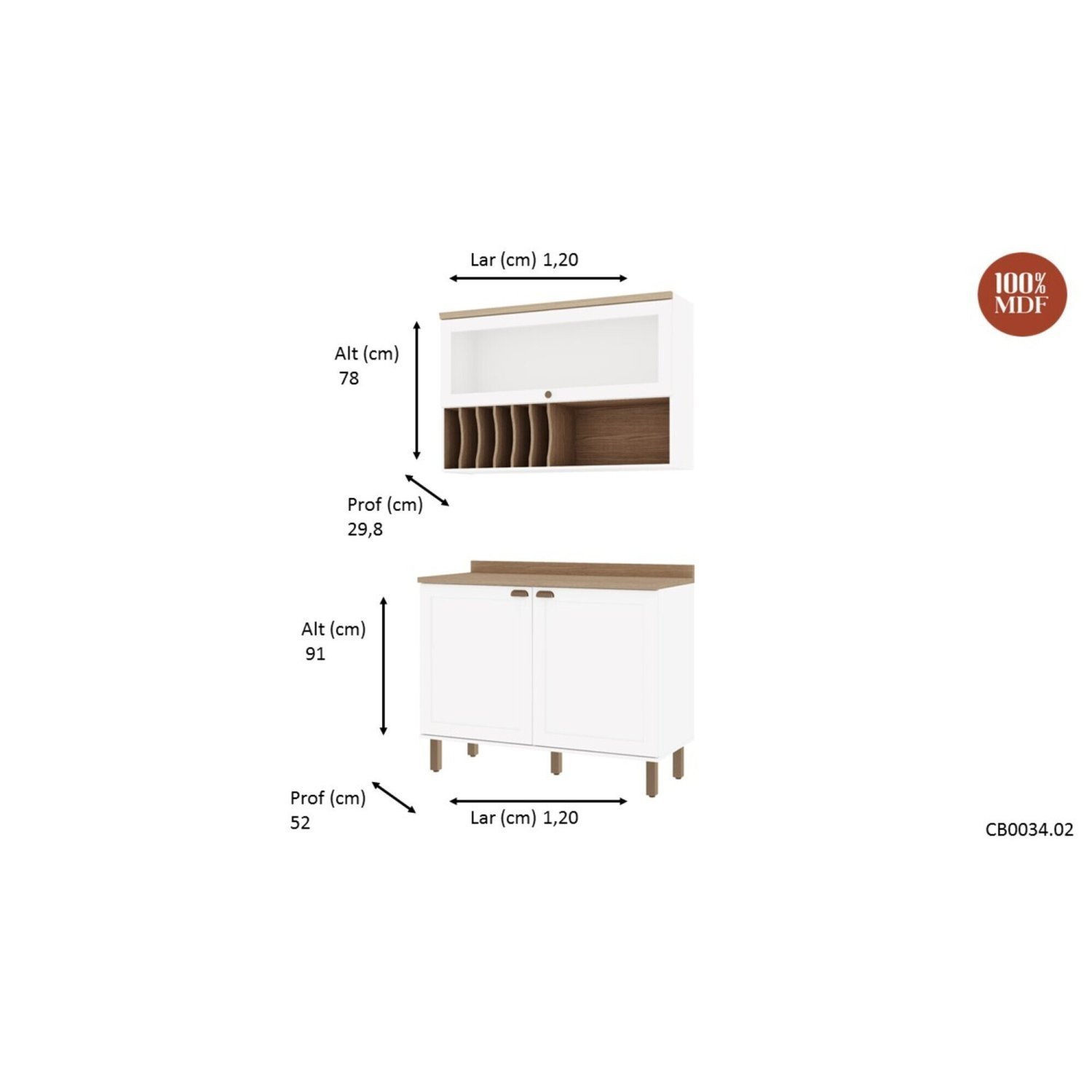 Cozinha Compacta 2 Peças 3 Portas Balcão 120cm Tampo MDF Iluminata  - 4