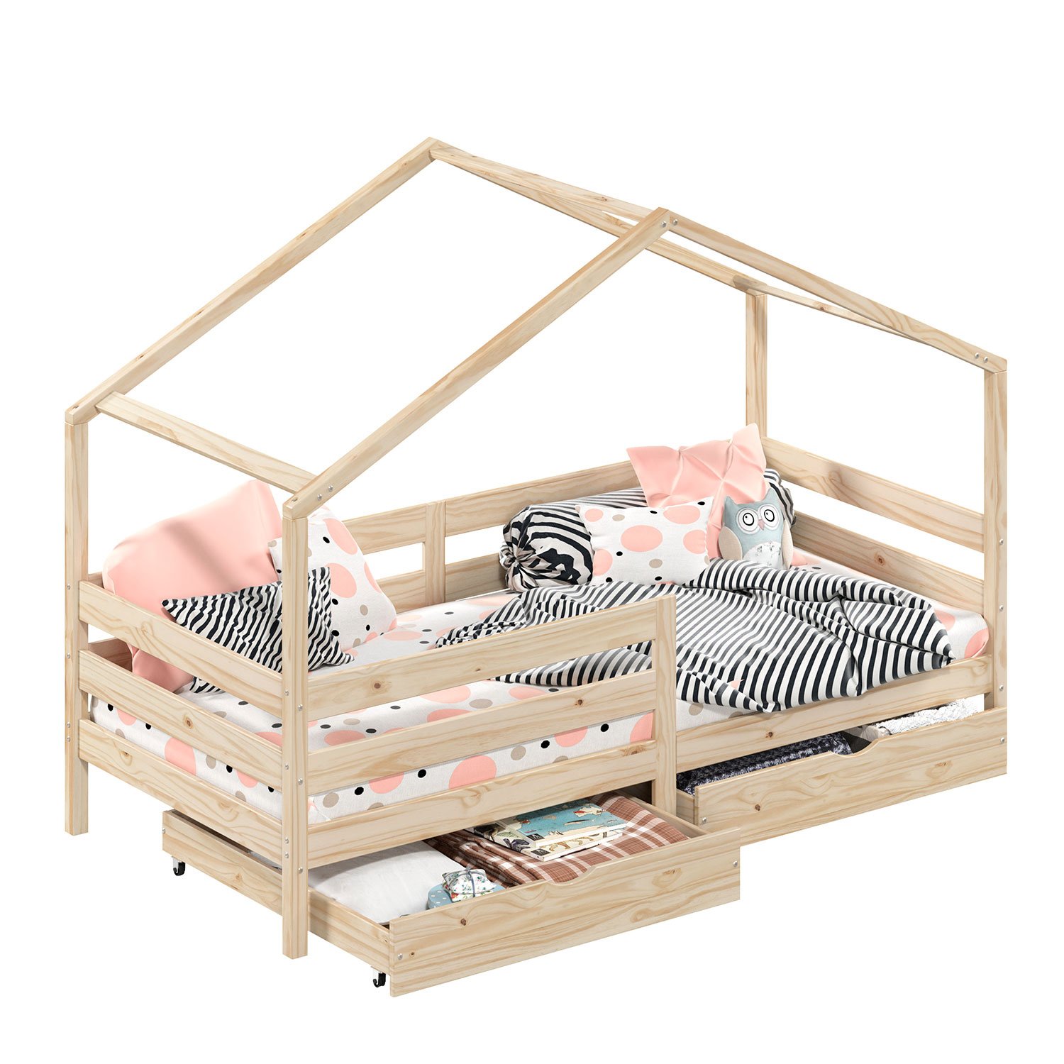 EcoMI Cama Infantil Con Protección Contra Caídas Y Somier, 90 X 200 Cm, Natural, Cama De Suelo Montessori, Cama De Madera Maciza De Pino Para Cama Individual (natural, 90 X 200 Cm