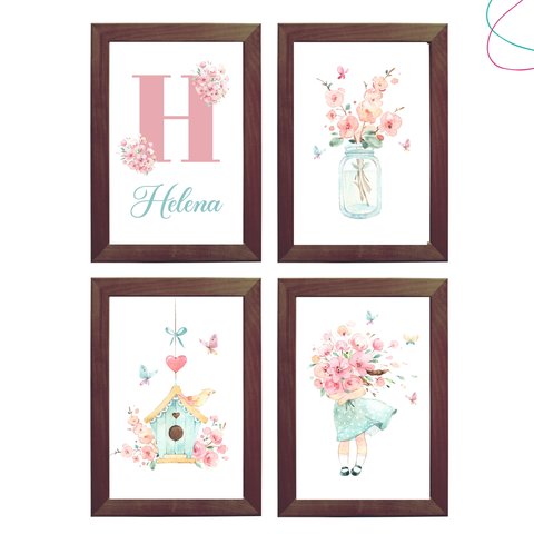 Kit 4 Quadros Decorativos Menina Aquarela Passarinho Flor:tabaco