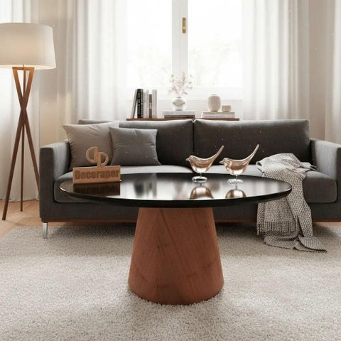 Mesa de Centro Base Cone Envernizada Redondo MDF Madeira 80cm Preto