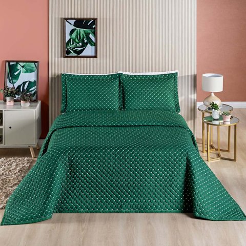 Kit Cobre Leito Colcha Vênus King Dupla Face Micropercal 200 Fios Liso 3 Peças - Verde Esmeralda Cas