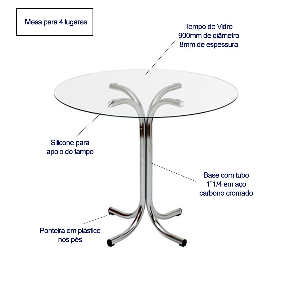 Jogo de Mesa Eloá com Vidro Redondo + 4 Cadeiras com Reforço Cromadas Assento Confortável Grosso e e - 4