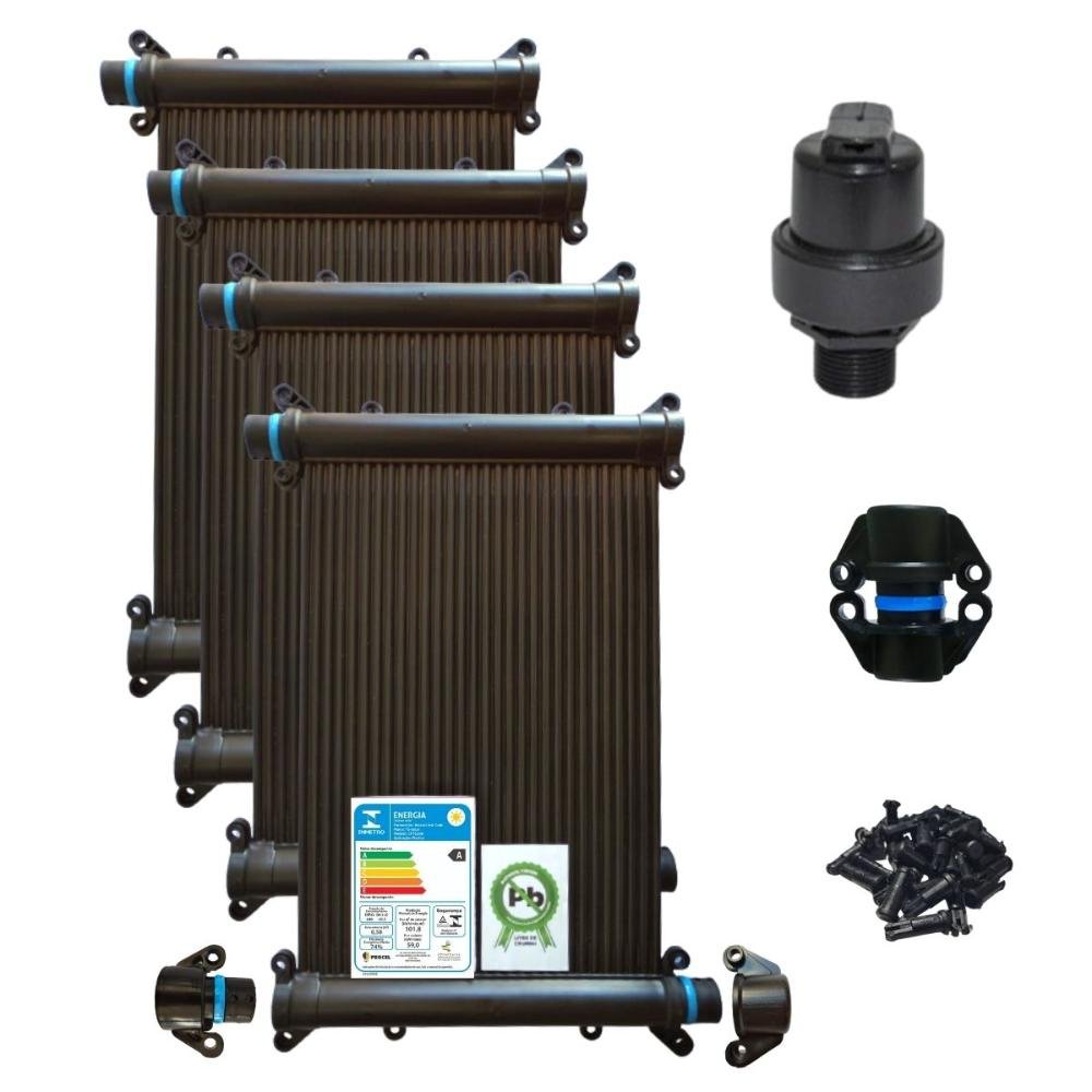 KIT AQUECEDOR PISCINA SOLAR 4 PLACAS 3 MT + VÁLV QUEBRA VÁCUO