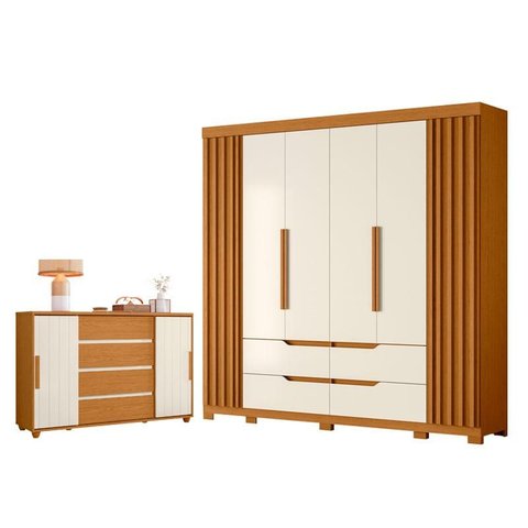 Guarda Roupa Casal Doble 06 Portas e Cômoda Evidenza 02 Portas Deslizantes e 04 Gavetas Cinamomo Off
