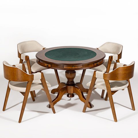 Mesa de Jogos Redonda 140cm New Orleans M04 com 04 Cadeiras Estofadas Suran Linho Bege - Lyam Decor
