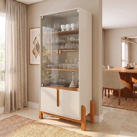 Cristaleira 4 Portas Vidro MDF Off White Cedro 83cm Lizz Bege