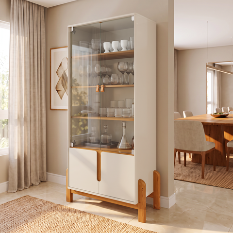 Cristaleira 4 Portas Vidro MDF Off White Cedro 83cm Lizz Bege