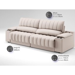 Sofá com Porta Copos e Carregador USB Retrátil e Reclinável Murano 2,00m Velosuede Areia - - 3