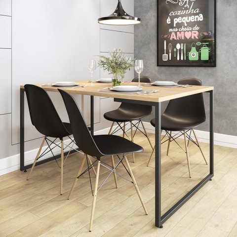 Conjunto Mesa de Jantar Industrial 4 Cadeiras Base Madeira Eames Yescasa Marrom/Natura/Preto