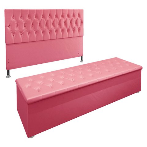 Kit Cabeceira e Calçadeira Baú Queen 1,60m Madrid Suede - Pallazio - Rosa