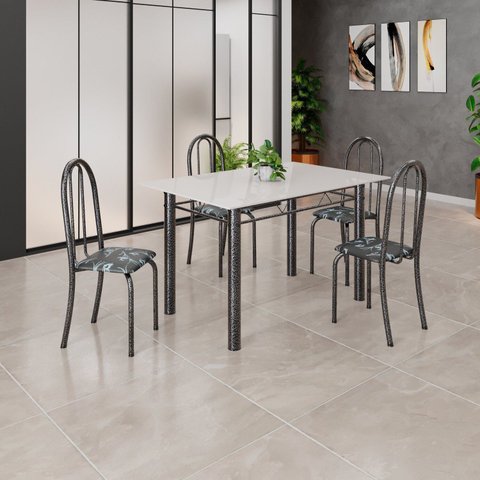 Conjunto de Mesa Tubular 120cm x 75cm Tampo em Vidro com 4 Cadeiras Iris B Prata/Preto