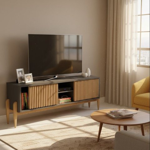 Rack Ripado para TV até Polegadas MDF 160cm Pés em Madeira Maciça 55 Polegadascom 2 Portas de Correr