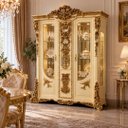 Ver imagem 2 de Cristaleira Clássica Luxuosa Bege e Dourada com 2 Portas de Vidro a: 232cm L: 194cm P: 65cm