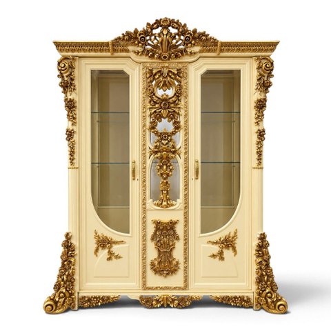 Cristaleira Clássica Luxuosa Bege e Dourada com 2 Portas de Vidro a: 232cm L: 194cm P: 65cm