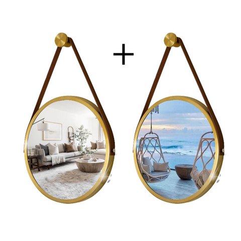 Kit 2 Espelhos Redondo Decorativo Suspenso Alça 60cm + Suporte Dourado Alça Caramelo