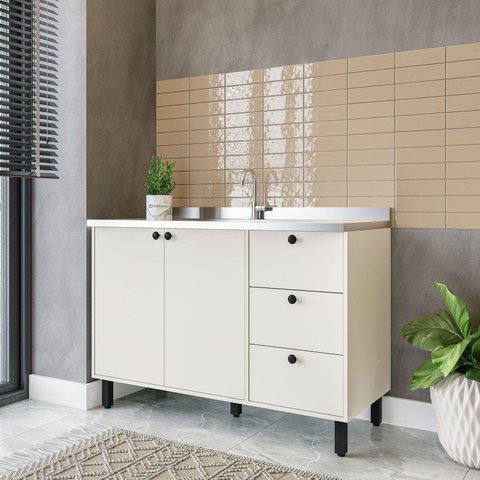 Balcão sem Tampo 2 Portas 3 Gavetas Off White Branco Yescasa
