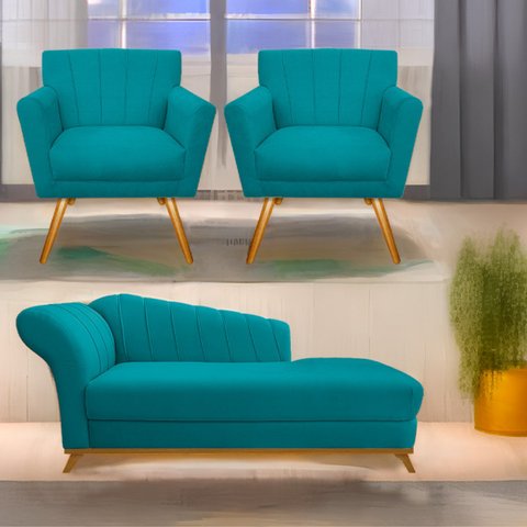Kit Diva Recamier Vanessa 140cm Lado Direito e 02 Poltronas Laura Suede - Doce Sonho Móveis RECAMIER