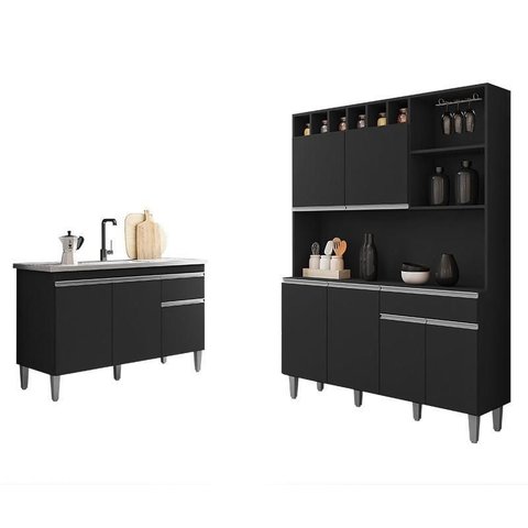 Balcão de Pia Tatiane 120 Cm e Armário Cozinha Kit Alice Preto Fosco - Ajl
