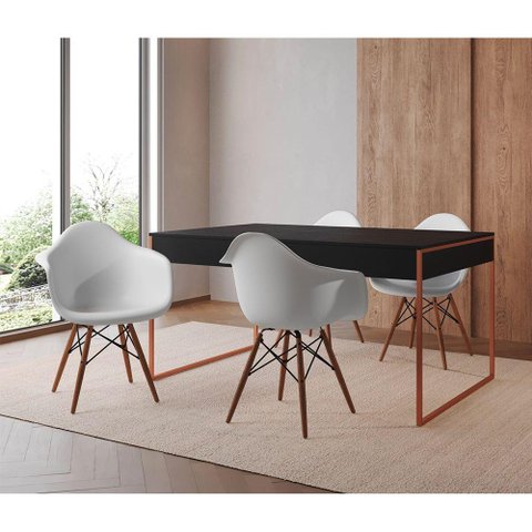 Mesa Jantar Industrial Filadélfia Preta 137x90cm Base Cobre com 4 Poltronas Brancas Mad Preto