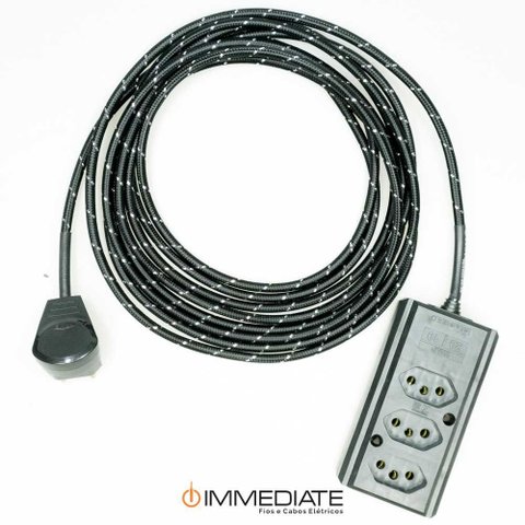 Extensão Elétrica 5 Metros Pp 2x0,75mm2 Revestido Tecido Preto/prata Cabos Immediate Régua de 3 Saíd