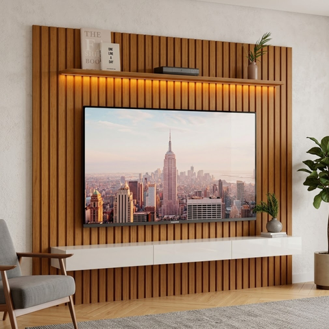 Rack com Painel para Sala Ripado Cleann 2.2 Naturale com Off White - Moveisaqui