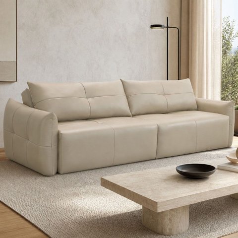 Sofá 3 Lugares Retrátil Reclinável 240cm Moris L06 Couro Bege Areia - Lyam Decor