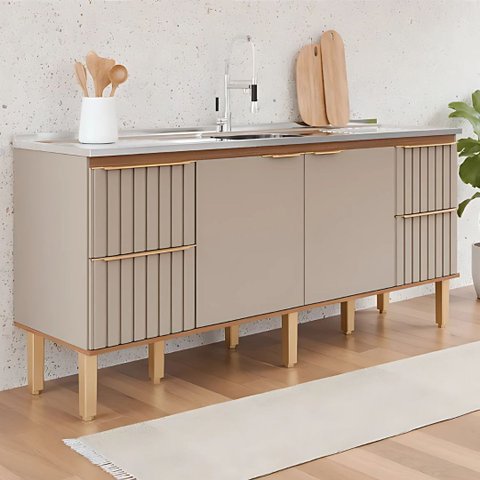 Gabinete de Cozinha Ripado 194cm Grande Madeira 100% MDF:Freijo/Cappuccino