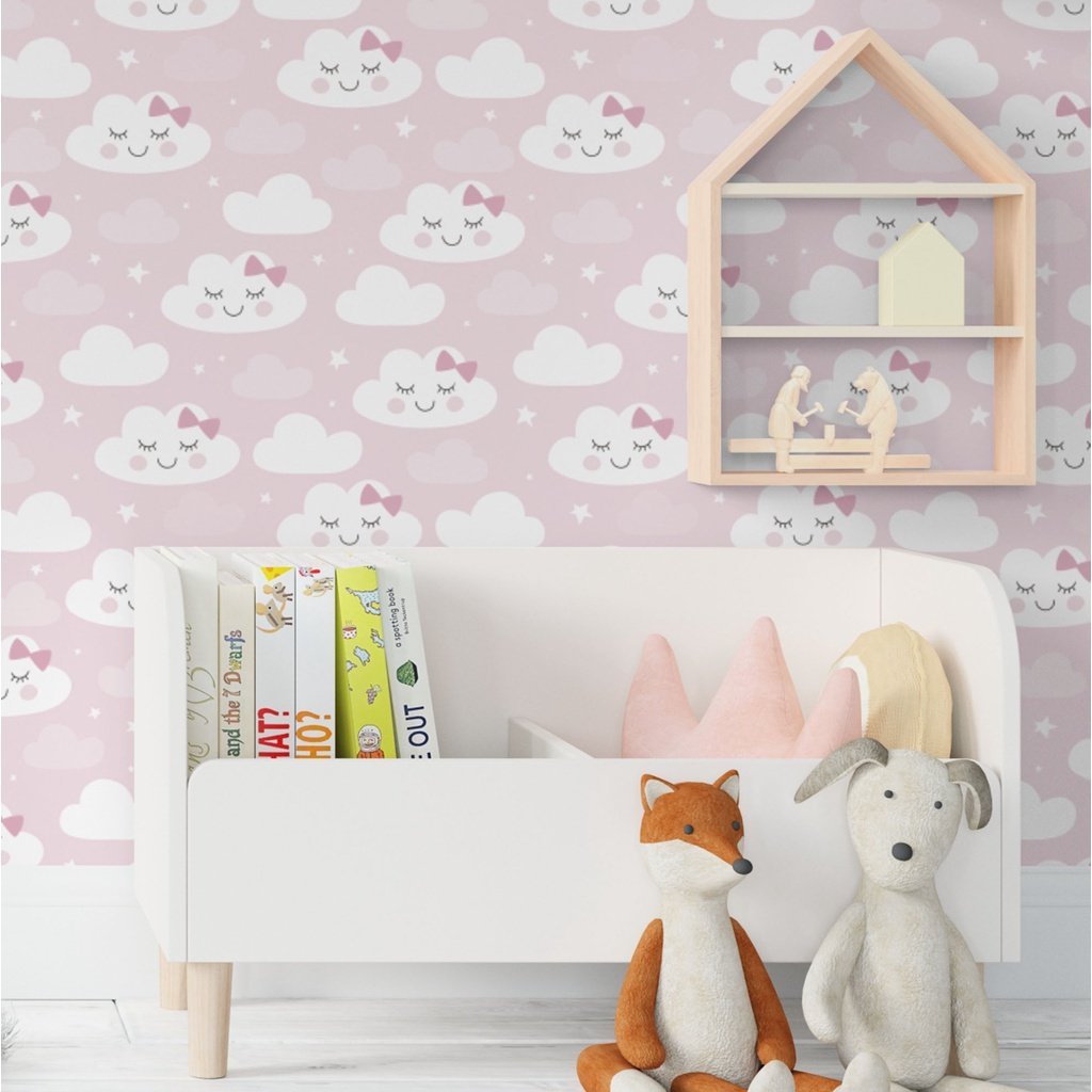 Papel de Parede Bebê Nuvem Rosa Laço Fofo Infantil Rolo Adesivo Lavável Vinilico 1m x 50cm - 2