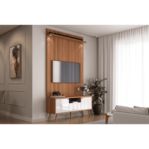 Rack com Painel Pés Palito Amadeirado para Tv de até 55 Polegadas River 1,36 Lukaliam:jequitiba Ripa