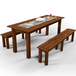 Mesa De Jantar Com Cerâmica Rústica 02 Bancos De Madeira Maciça Pinus 160cm W02 Imbuia - Lyam Decor  - 1