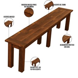 Mesa De Jantar Com Cerâmica Rústica 02 Bancos De Madeira Maciça Pinus 160cm W02 Imbuia - Lyam Decor  - 6