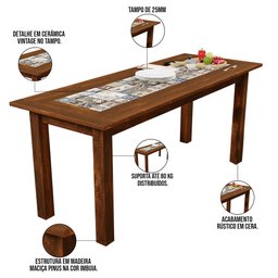 Mesa De Jantar Com Cerâmica Rústica 02 Bancos De Madeira Maciça Pinus 160cm W02 Imbuia - Lyam Decor  - 5