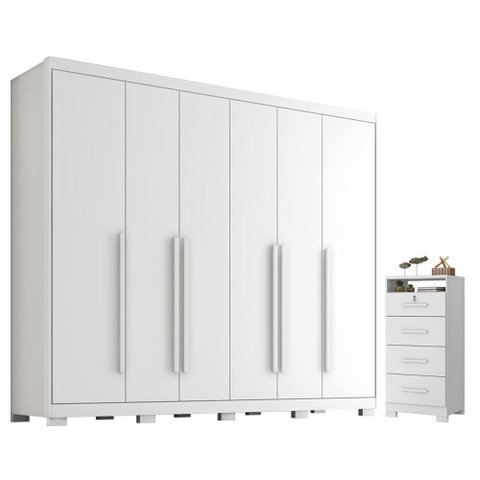 Guarda Roupa Casal Platinium 6 Portas com Cômoda Primordial Max 4 Gavetas Branco Absoluto Semi