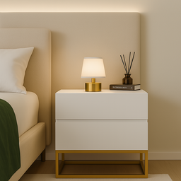 Mesa de Cabeceira 2 Gavetas Branco Eros 45cm Estilo Industrial Pés de Ferro Dourado Lateral da Cama - 1