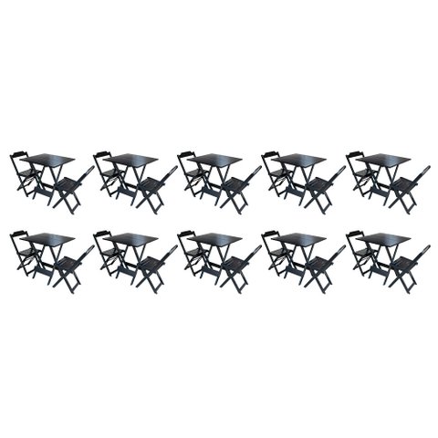 Kit 10 Conjuntos de Mesa Dobrável com 2 Cadeiras de Madeira 70x70 - Preto