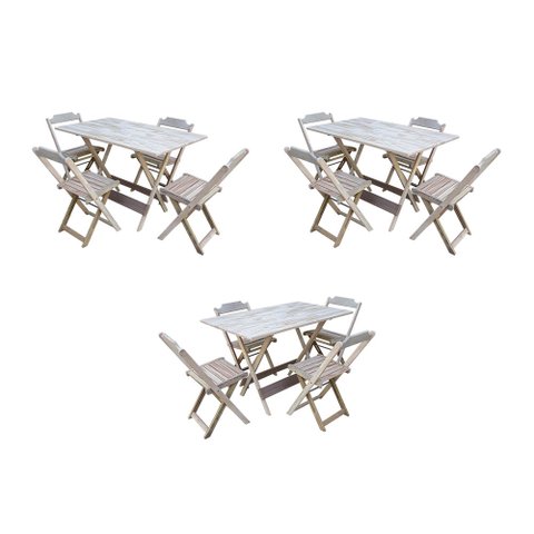 Kit 3 Conjuntos de Mesa Dobravel com 4 Cadeiras de Madeira 120x70 para Restaurante e Bar - sem Pintu