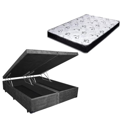 Cama Box Baú Queen Bi-Partido Silver Cinza Suede + Colchão Espuma D33 138x188x15