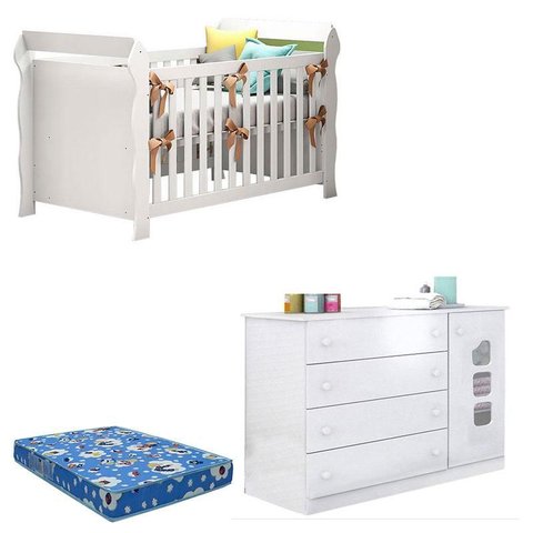 Berço Americano Lara e Cômoda Infantil Lívia Branco Brilho com Colchão – Phoenix