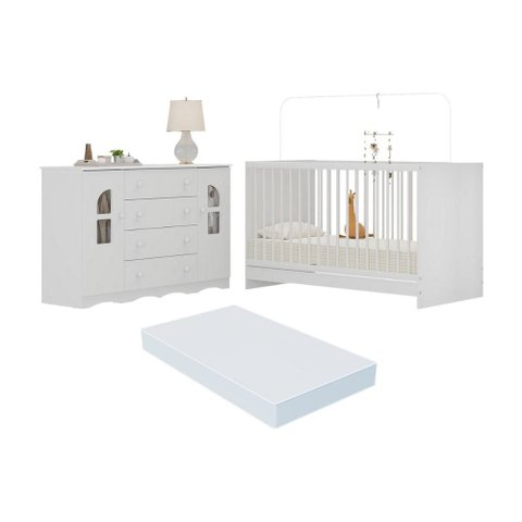 Berço 3 em 1 com Colchão Incluso e Cômoda 2 Portas 4 Gavetas Liz Multimóveis Mp4773 Branco