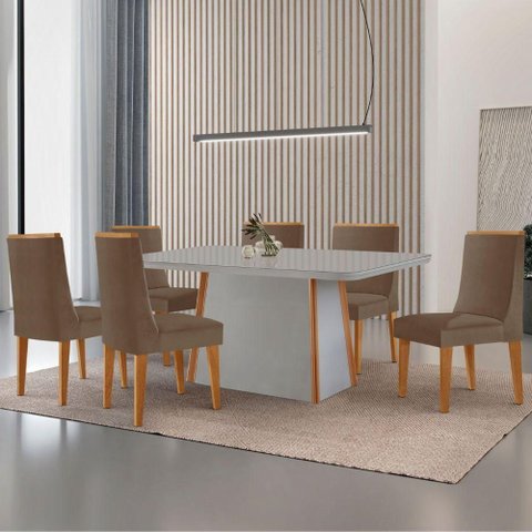 Mesa de Jantar Diane 180cm Tampo Mdf Vidro 6 Cadeiras Lisboa Moderna Veludo Capuccino Off White
