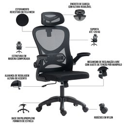 Cadeira para Escritório giratória presidente Executiva Belaggio Tela Mesh R01 Preto - Lyam Decor - 6 Cadeira para Escritório giratória presidente Executiva Belaggio Tela Mesh R01 Preto - Lyam Decor - 6